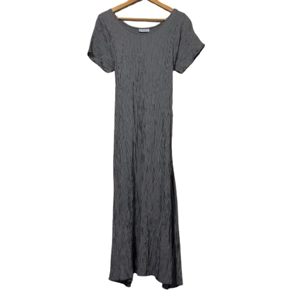 Vintage Breakin’ Loose Black White Striped Midi Dress Short Sleeve